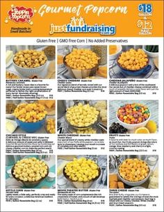 an advertisement for the gourmet popcorn just fundraisering contest with pictures of different types of food