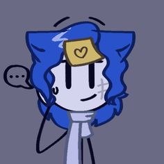 a drawing of a person with blue hair and a yellow sticker on their forehead