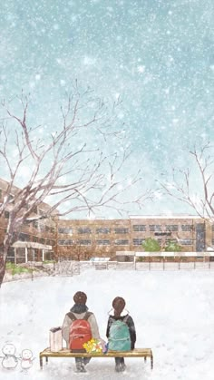 two people sitting on a bench in the snow