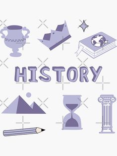 the word history is surrounded by various items in purple and blue colors on a white background