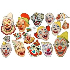 several clown masks with different colors and designs