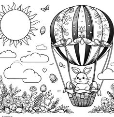 a bunny in a hot air balloon flying through the sky with flowers and butterflies around