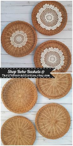 four woven baskets with white doily on them and the words shop boho bakes