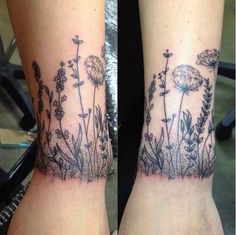 two tattoos with flowers on their arms, one is black and the other is white