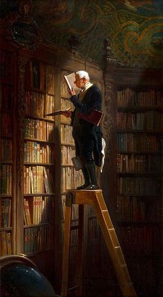 a man standing on top of a ladder in front of a book shelf filled with books