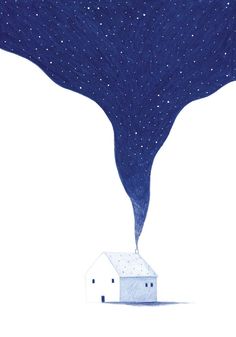 a drawing of a house blowing out of it's chimney with stars in the sky