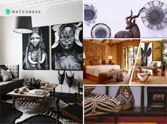 a collage of photos with zebra print furniture and art on the walls in different rooms