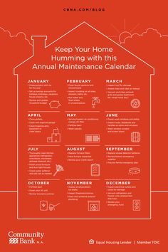 a red poster with the words keep your home humminging with this annual maintenance calendar