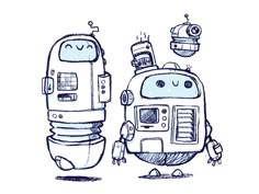 a drawing of two robots standing next to each other, one robot has its eyes closed