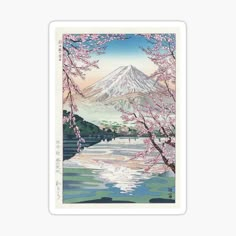 a painting of a mountain with cherry blossoms in the foreground and water below it