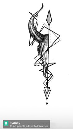 a black and white drawing of a bull with an arrow on it's back