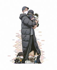 a drawing of a man holding a baby in his arms while standing next to other people