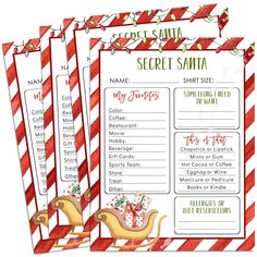 two christmas menus with santa's sleigh and candy canes on them