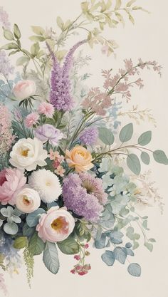 a bouquet of flowers on a white background with green leaves and pink, purple, yellow and blue flowers