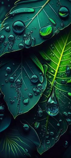 water drops on green leaves with dark background