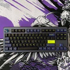 a computer keyboard sitting on top of a purple and black background with an image of a demon