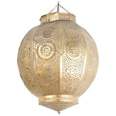 a gold colored hanging light fixture with intricate filigreet design on the bottom