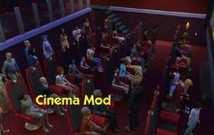 an animated movie theater with many people sitting in the seats and one person standing up