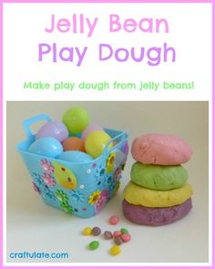 jelly bean play dough in a basket and next to it is an easter basket with eggs