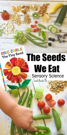 the seeds we eat book is shown on a table with various vegetables and seed pods