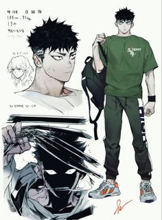 an anime character with black hair and green shirt standing next to another character in front of him