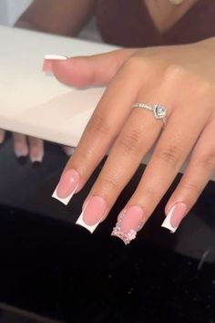 Pink French Nails With Rhinestones, Latina Short Nails, Short Square Nails With Rhinestones, Short Latina Nails, Acrylic Nail Art Ideas, Spring Nail Designs, Girly Acrylic Nails, Brighter Days, French Tip Acrylic Nails