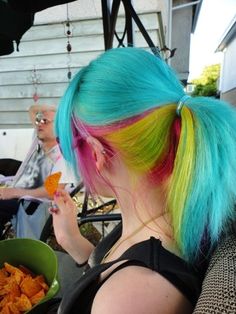 Teal, pink, and yellow ponytail. Rainbow Dyed Hair, Rainbow Hair Color, Multi Colored Hair, Bright Hair Colors, Multicolored Hair, Bright Hair, Funky Hairstyles, Yellow Hair