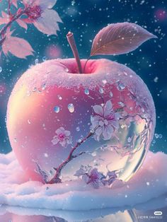 an apple sitting on top of snow covered ground next to a branch with leaves and flowers