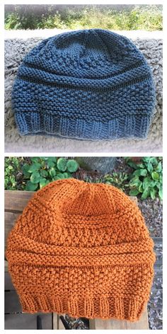 two different knitted hats sitting next to each other