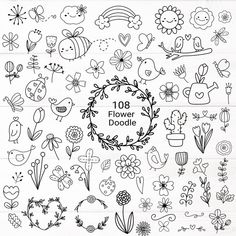 a bunch of doodles with flowers and birds on them