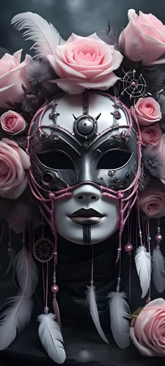 a woman wearing a mask with feathers and roses on her head is surrounded by pink roses