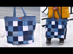 two pictures of a person carrying a blue and white tote bag in the snow