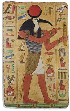 an ancient egyptian painting with birds and other items on it's side, depicting the god