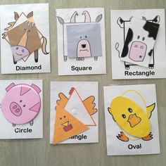 four different pictures of farm animals on paper with words cut out to make them look like they are smiling