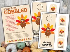 two thanksgiving tags with turkeys on them and pumpkins in the bottom left corner