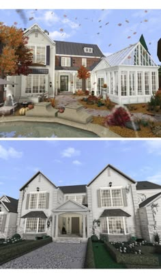 two pictures side by side of a large house