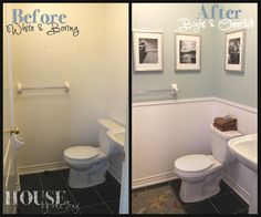 before and after photos of a bathroom remodel with pictures on the wall above the toilet