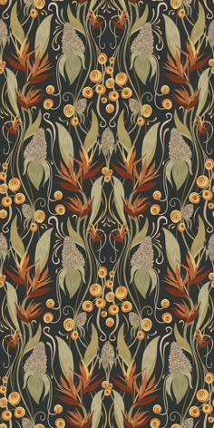 an image of a floral pattern with oranges and green leaves on black background for wallpaper