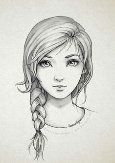 a drawing of a girl with long hair and braids on her head, looking straight ahead