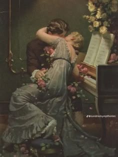 a painting of a man and woman kissing in front of a piano with flowers on it