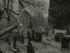 black and white photo of an old cemetery in the snow with lots of tombstones