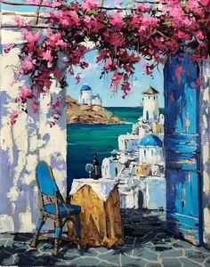 an oil painting of a table and chairs by the ocean with pink flowers hanging over it