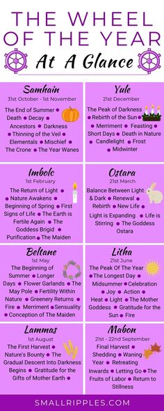 wheel of the year at a glance with all the themes of samhain, yule, imbolc, ostara, beltane. litha, lammas and mabon. Wicca Holidays, Wiccan Sabbats, The Wheel Of The Year, Witchy Tips, Year At A Glance, Wiccan Magic, Witch Spirituality, Grimoire Book, Magic Herbs