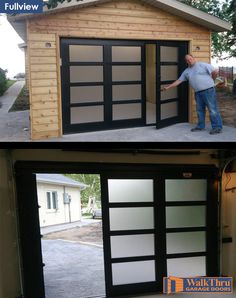 two pictures side by side one shows a man opening the garage door and the other shows a