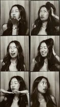 black and white photo collage of woman making funny faces with her hair blowing in the wind