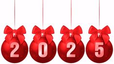 red christmas balls with bows hanging from strings in the shape of numbers on white background