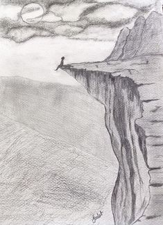 a pencil drawing of a man standing on the edge of a cliff