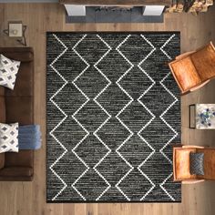 an overhead view of a living room with couches and rugs