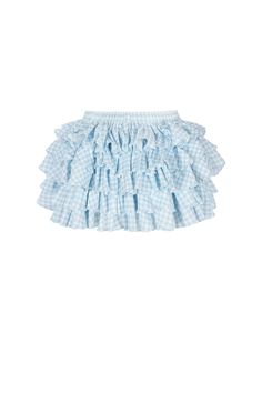 Add volume and pizazz in the Blue Gingham Versailles skirt, a delightful open-front ruffle tiered skirt crafted from seersucker cotton. The soft, baby blue gingham conjures images of idyllic American picnics and the cool, carefree vibe of the British Mod scene, where trendsetters like Twiggy and Mary Quant made the print their own. Style with the Blue Gingham Babydoll Bikini Top and Dauphine Knickers to complete the look.  Crinkle seersucker cotton tiered open-front ruffle skirt cover up  Ties at front To ensure the best fit, measure your across bust and high waist before ordering and steam for optimal beauty. Alyson is 5’7.5” and wearing a size XXS in Selkie. Her measurements are 33.5” bust, 24” waist, 34” hip.  Fabric: 98% Cotton, 2% Spandex Designed and fit in LA, Made in partnership wi Blue Ruffle Skirt, White Ruffle Skirt, Silk Dressing Gown, Mary Quant, Corset Skirt, Skirt Coverup, Fairy Clothes, Puff Dress, Knitted Coat