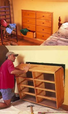 a man standing next to a wooden bookcase with shelves on it's sides